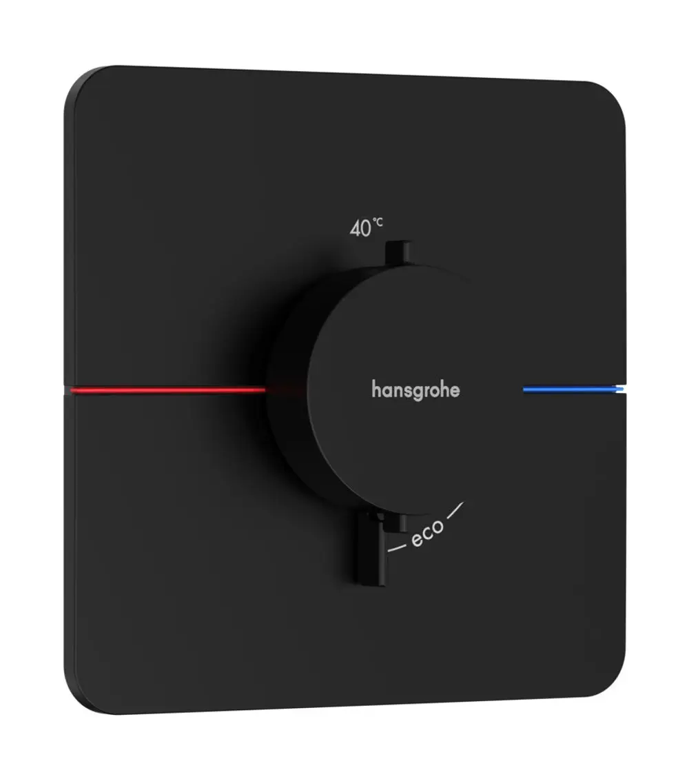Thermostat in mattschwarz von Hansgrohe mit runder Steuerung und Temperaturanzeige, gekennzeichnet durch rote und blaue Linien zur Temperaturregelung.